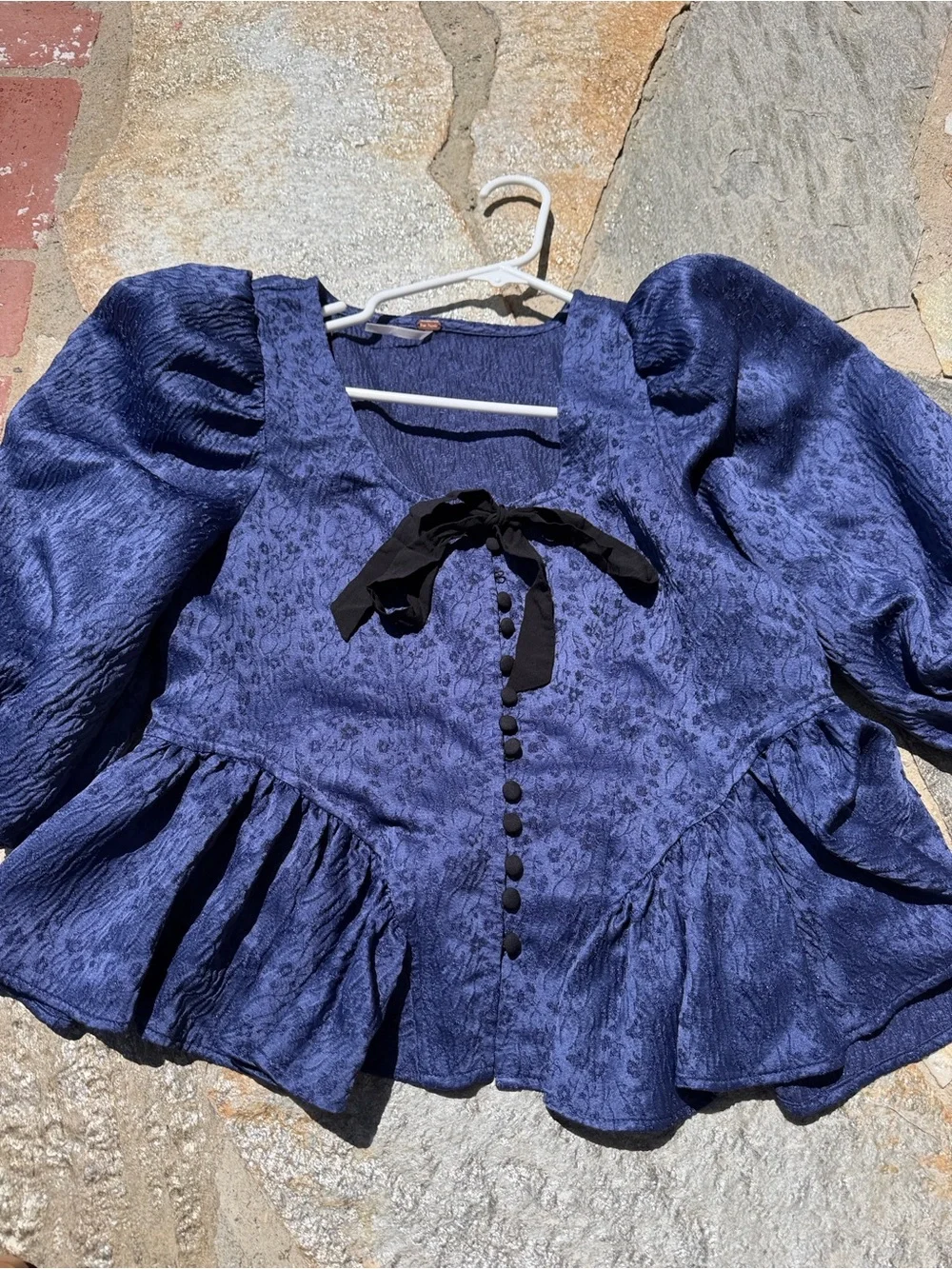 Free People Navy Blue Puff Sleeve Bow Peplum Top